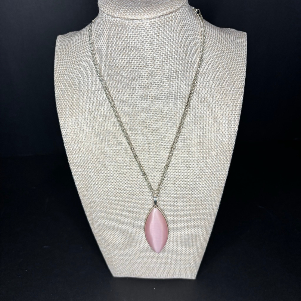 Silver Tone Pink Cat Eye Pendant Necklace Adjustable Chain Womens Jewelry 18"